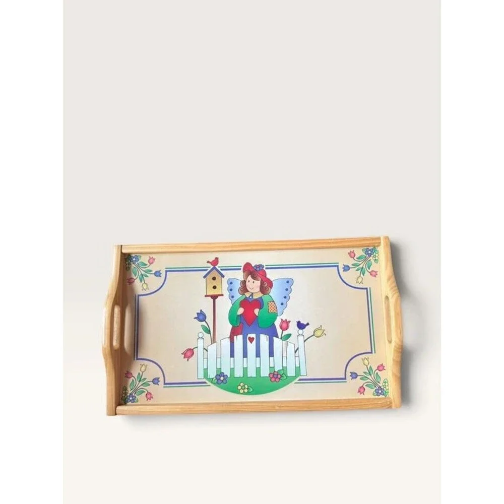 Vintage Country Folk Art Angel Wooden Serving Tray with Handles